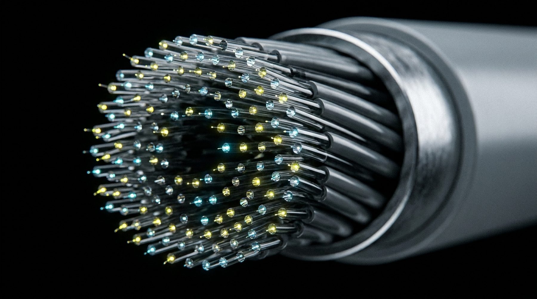 Macro photograph of a severed fibre optic bundle, each strand carrying a point of yellow or cyan light