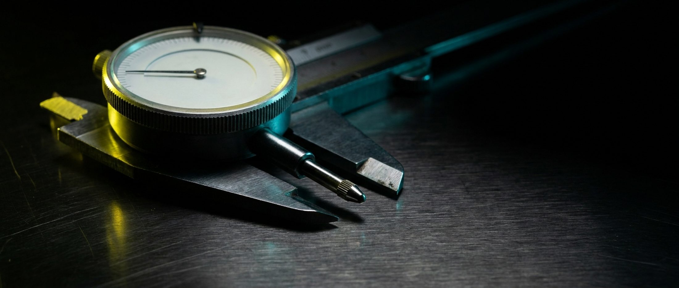 A precision dial gauge and machinist calipers on dark steel, catching yellow and cyan light